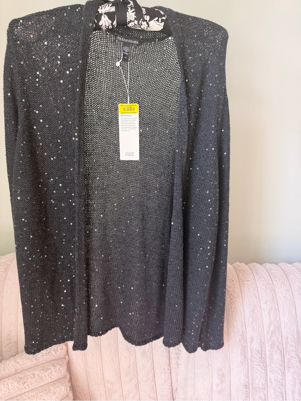 Eileen Fisher Marino Wool Black Sequin Open-Front Cardigan with Sequins